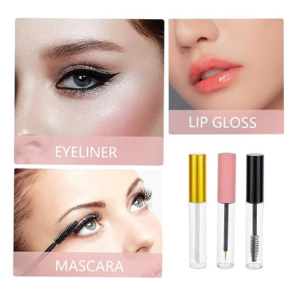 NICENEEDED 9 Pcs 10ml Empty Mascara Tube and Wand with Eyeliner Tube, Eyelash Eyeliner Lip Gloss Tube, Refillable Mascara Container Eyeline Plastic Container Bottle with Rubber Inserts, 3 Colors