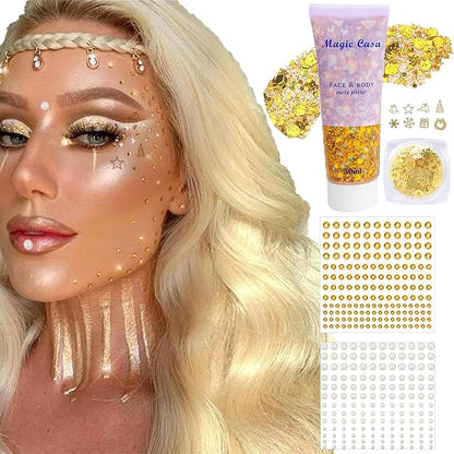 Glitter Gel with Face Rhinestones Christmas Sequin, Face Glitter Body Gel Sequins Shimmer Liquid Eyeshadow, Chunky Glitter for Face Hair Nails, Gold Sparkling Christmas Party Makeup for Women