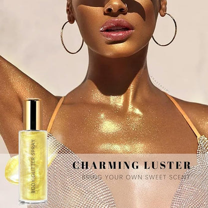 Body Glitter Spray, Moisturizing Bronze Body Shimmer Luminizer Glow Illuminator Quick-Drying and Non-Sticky Liquid Highlighter Spray for Face Hair Glitter, 60ML -Champagne Gold