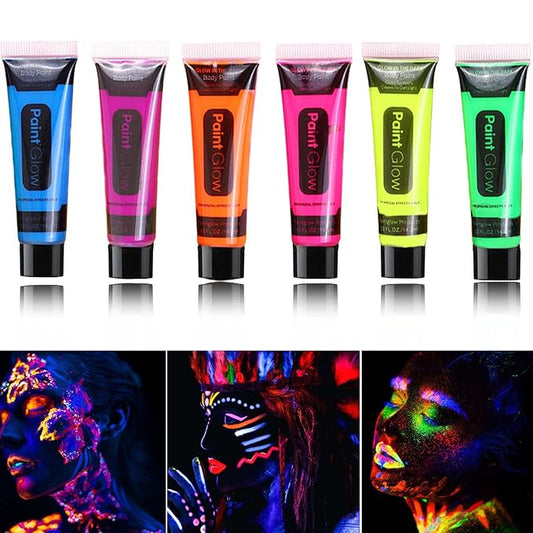 6 PCS Glow Body Paint Set,Glow in Dark Face Glitter Paint Body Glow Powder Neon Party Supplies Facial Highlighter Kits for Adults&Kids,Body Makeup