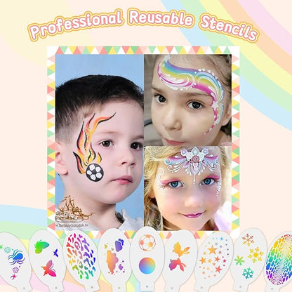 Professional Face Painting Kit for Kids,12X10gm Washable Rainbow Cake Face Paint with Stencil & Brushes,Hypoallergenic Safe & Non-Toxic,Gift for Birthday Parties/Halloween/Carnival