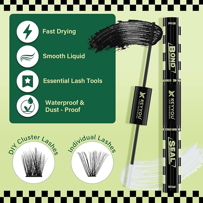 Lash Bond and Seal 10ML Bond and Seal Lash Glue KEYYOU Lash Cluster Glue Mascara for Long Lasting WaterProof Lash Extension Glue Black-5ml+5ml