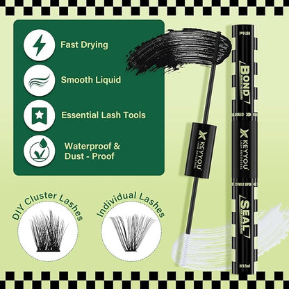 Lash Bond and Seal 10ML Bond and Seal Lash Glue KEYYOU Lash Cluster Glue Mascara for Long Lasting WaterProof Lash Extension Glue Black-5ml+5ml