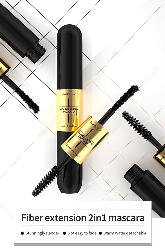 4d Lengthening Curling Black Mascara, 2 in 1 Mascara Double Headed Tubing for Lash Makeup, 5x Longer Waterproof Lash Silk Fiber Eyelash, Non Smudge Lasting Curling