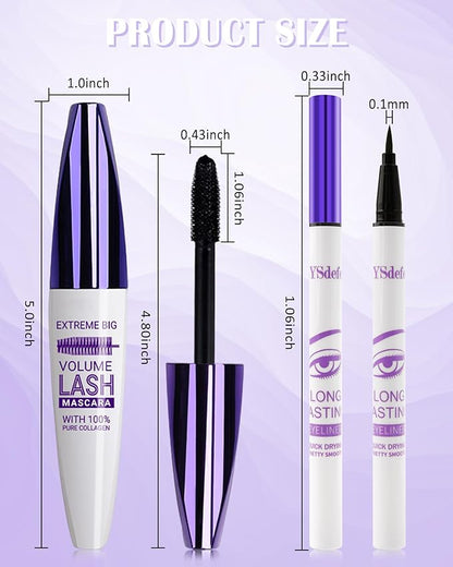 White Mascara Liquid Eyeliner Set,5D Waterproof Fiber Colored Mascara Volume and Length,Longlasting Smudgeproof Color Eye Liner Pen,Cosplay Party Stage Use,Halloween Makeup Gift Kit for Women Girl