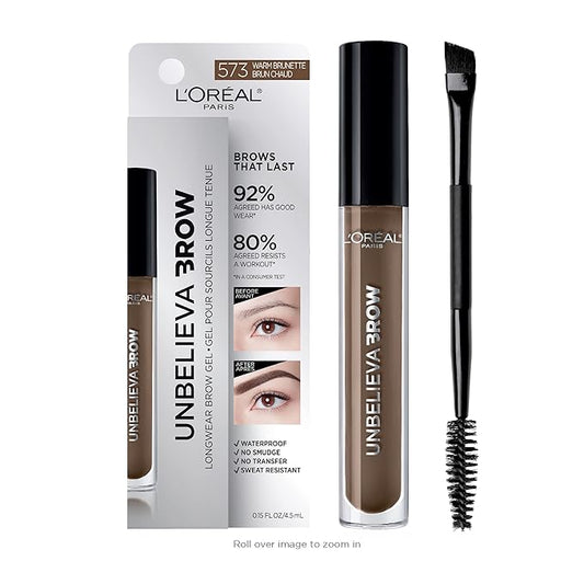 L'Oreal Paris Unbelieva-Brow Longwear Waterproof Tinted Brow Gel, Smudge-resistant, Transfer- Proof, Quick Drying, Easy and quick application with precise brush, Warm Brunette, 0.15 fl. oz.