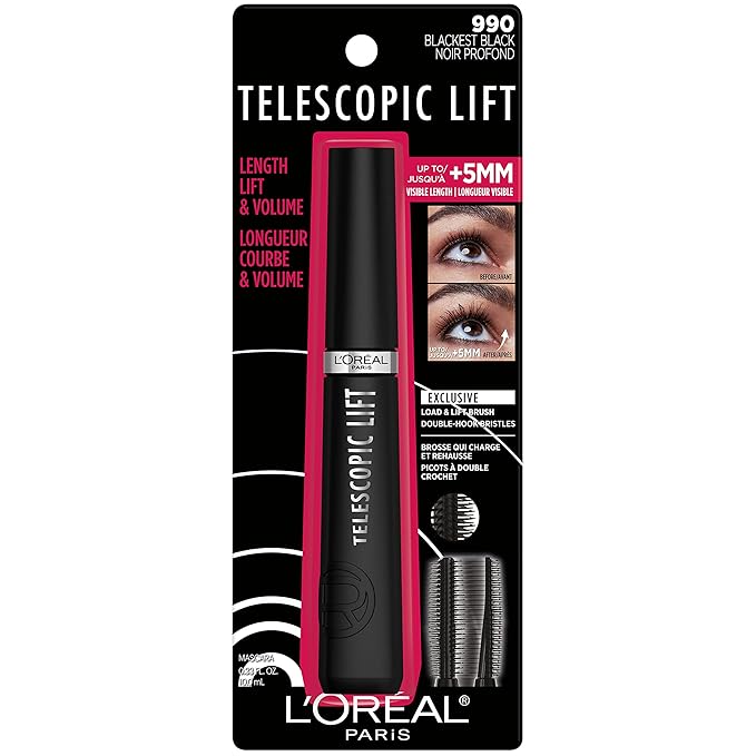 L'Oreal Paris Telescopic Lift Mascara, Lengthening and Volumizing Eye Makeup, Lash Lift with Up to 36HR Wear, Washable, Blackest Black, 0.33 Fl Oz
