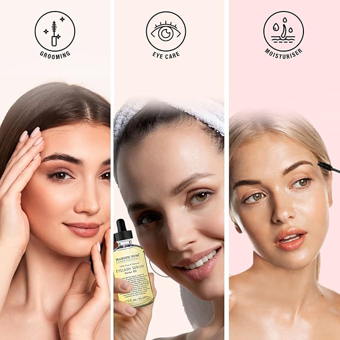 Majestic Pure Castor Oil Eyelash Serum - with Apple & Argan Stem Cells - Eyelash Growth Serum for longer thicker Eyelashes, Eyebrows & Hair - Free Set of Mascara Brush & Eyeliner Applicator - 1 fl oz