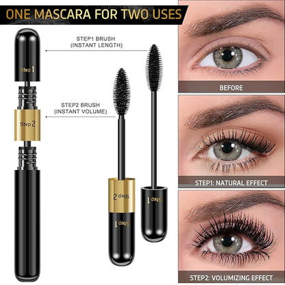 Mascara Black Volume and Length & Microblading Eyebrow Pen Dark Brown, 4D Silk Fiber Mascara Natural and False Effect, Waterproof Hair Like Natural Liquid Eyebrow Pencil