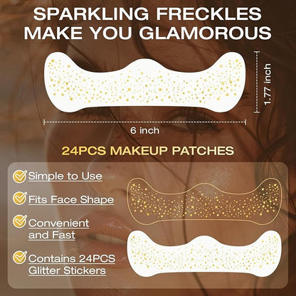 24 Pcs Glitter Freckles Face Tattoo,Gold Face Glitter Makeup Patches Cute Sparkle Freckles Patches Waterproof Makeup Speckles for Face Accessories for Women Girls