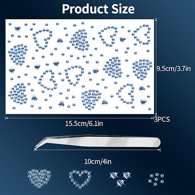 3 Sheets Face Gems Jewels Self Adhesive Rhinestones Gems for Face Eyes Makeup Hair Body Stick on Rhinestones Stickers for Valentine Festival Decal Decor(Light Blue)