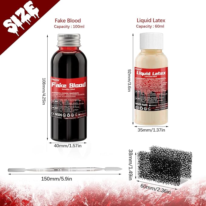 Halloween SFX Makeup Kit Fake Blood(100ML) + Liquid Latex(60ML) + Spatula Tool + 2Pcs Stipple Sponge For Scary Halloween Special Effects Cosplay Costumes Decorations