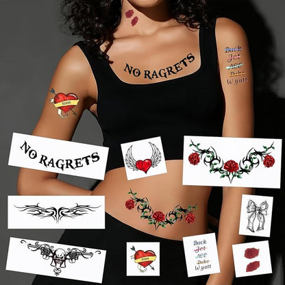 Female White Trash 9-Pack Temporary Tattoos for Halloween & Costumes – Realistic Fake Hickeys, Tramp Stamp Designs, Hillbilly Party Attire (Easy Waterproof Fake Tattoos)