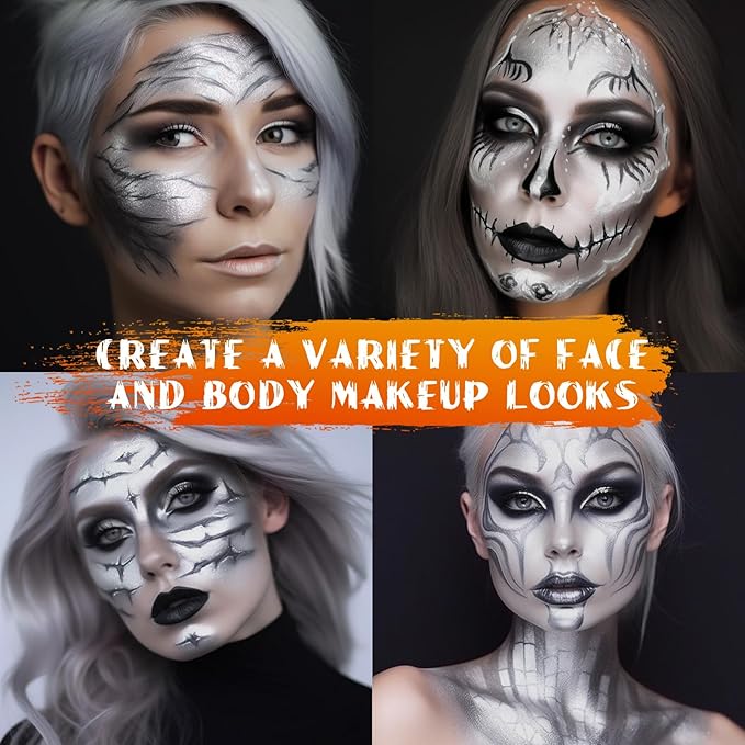 BOBISUKA Silver Face Body Paint Water Based Full Body Paint Sticks Blendable Face Painting Kit Metallic Sliver eye black stick Quick Drying Foundation Makeup for Halloween Cosplay SFX Costume Party
