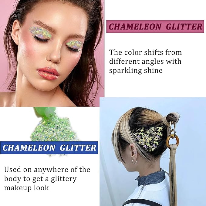 MEICOLY Chameleon Lime Green Body Glitter,Chunky Face Glitter for Halloween,Color Changing Mermaid Face Glitter Gel,Holographic Glitter Sequin for Face Body Hair,Festival Party Cheer Glitter Makeup