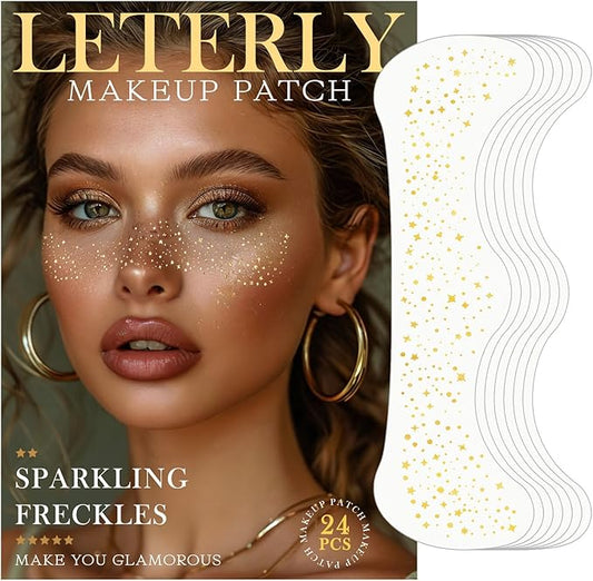 24 Pcs Glitter Freckles Face Tattoo,Gold Face Glitter Makeup Patches Cute Sparkle Freckles Patches Waterproof Makeup Speckles for Face Accessories for Women Girls