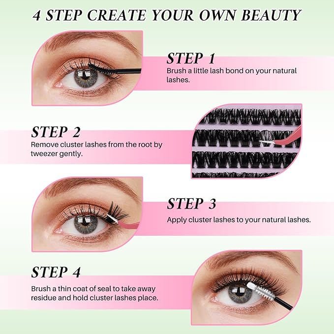 Lash Extension Kit DIY Lash Clusters Kit 624pcs Cluster Lashes Eyelash Extension Kit Individual Lashes with Lash Bond and Seal,Lash Tweezers,Mascara Brush(624pcs 20D+40D+60D+80D Kit,9-16mm)