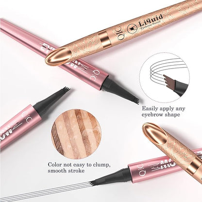 2 Pcs Eyebrow Tattoo Pencil,3D Microblade Eyebrow Pen with 4 Fork Tip Magic Eyebrow Pencil Waterproof Smudge-proof Natural Eyebrow Hair Micro Eye Brow Pencil for women (Dark Brown)
