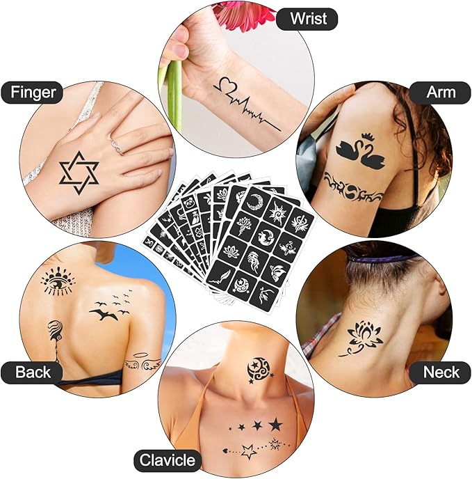24 Sheets Tattoo Stencils for Kids Teens Adults, Henna Tattoo Stencil Kit, 400pcs Tattoos Design, Tattoo Stencil for Real Tattoos, Airbrush Tattoo Stencils, Henna Stencil for Face Hand Finger