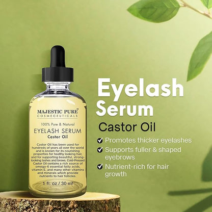 Majestic Pure Castor Oil Eyelash Serum - with Apple & Argan Stem Cells - Eyelash Growth Serum for longer thicker Eyelashes, Eyebrows & Hair - Free Set of Mascara Brush & Eyeliner Applicator - 1 fl oz