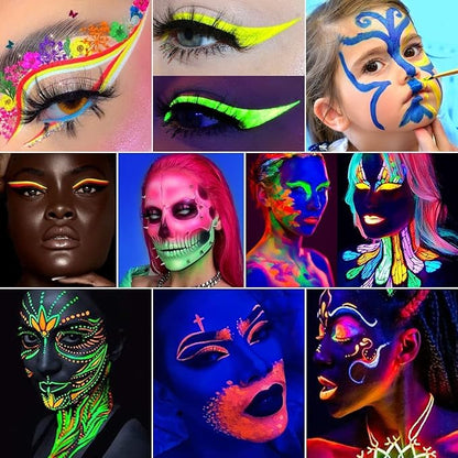 Go Ho UV Blacklight Neon Blue Face Body Paint,Water Based Bright Color Neon Fluorescent Body Paint with Cushion Applicator,Glow In The Dark Under UV Light Party Halloween Makeup Washable