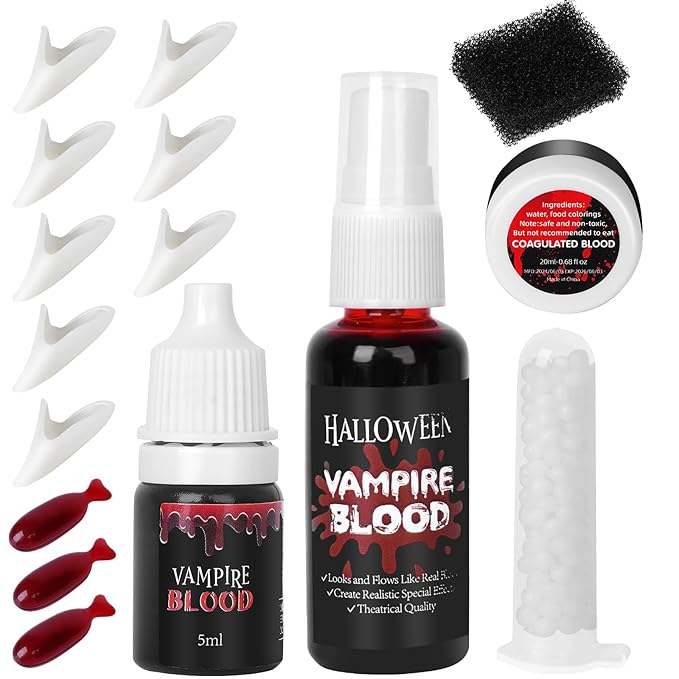 Vampire Blood and Fangs Makeup Kit,Vampire Teeth Costume 4 Size Fake Teeth,1 Fake Blood Spray,1 Dripping Blood,3 Blood Capsules,1Coagulated Blood Gel and 1 Sponges for Halloween Vampire Cosplay Makeup