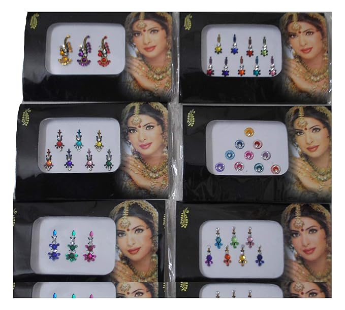 Pack of 6 Multi Color Long Rhinestone Body Glitters Reusable Bindi