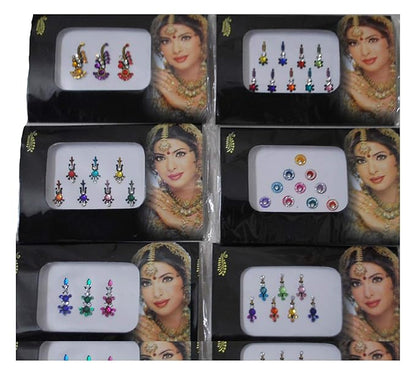 Pack of 6 Multi Color Long Rhinestone Body Glitters Reusable Bindi