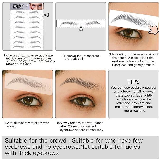 Black Eyebrow Tattoo 6 Sheets, Hair-Like Popular Fake Eyebrows Waterproof Lasting 4D Realistic Makeup Tattoo, Eyebrow Transfer Stickers for Women Girls