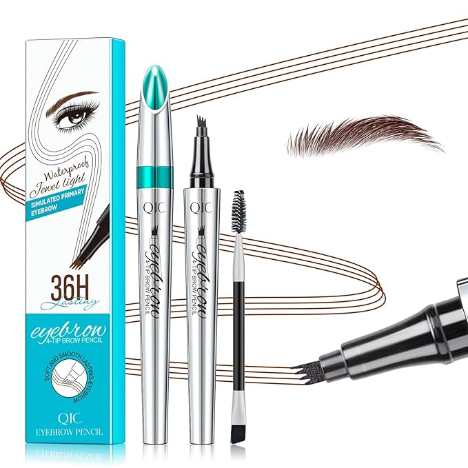 Microblading Eyebrow Pen,QIC Eyebrow 4 Tip Brow Pencil,Long-Lasting Natural Eyebrow Hair,Waterproof Magic Eyebrow Pencil Eyebrow Brush(Dark Brown)
