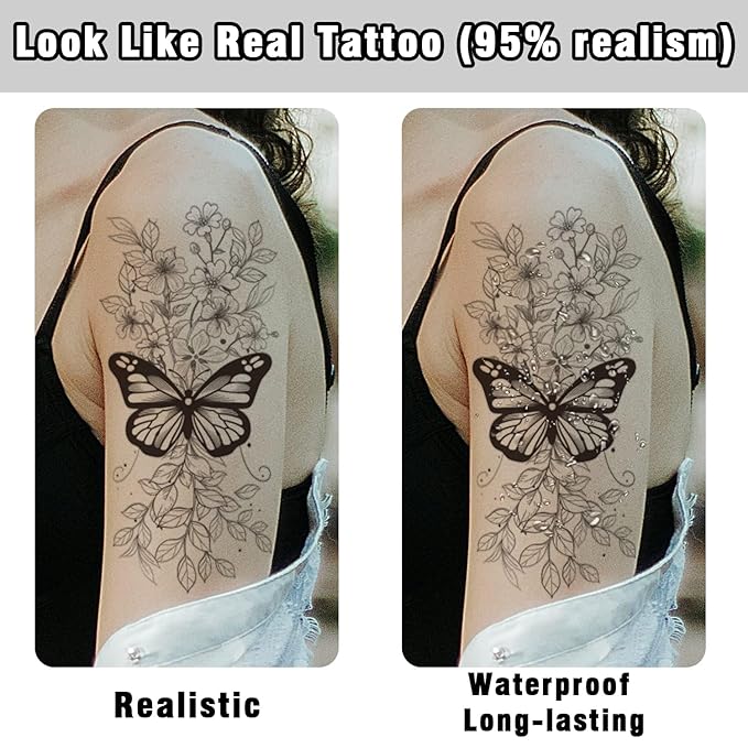 Cerlaza Temporary Tattoos for Women, Large Realistic Body Tattoo Stickers, Fake Semi Permanent Tattoo Include Butterfly Rose, Henna Tattoos for Adults (12 Sheets)