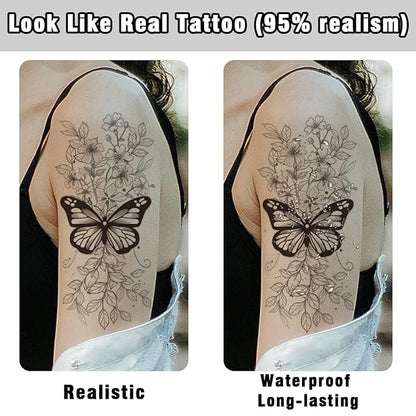 Cerlaza Temporary Tattoos for Women, Large Realistic Body Tattoo Stickers, Fake Semi Permanent Tattoo Include Butterfly Rose, Henna Tattoos for Adults (12 Sheets)