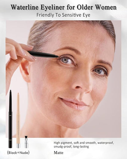 Black+Nude Waterline Eyeliner Pencil, Cream Gel Eye Liner Pencils for Older Women,Waterproof Smudge-Proof Long Wear Retractable Eye Liner with Sharpener, Water Line Eyeliner for Older Women-2Pcs