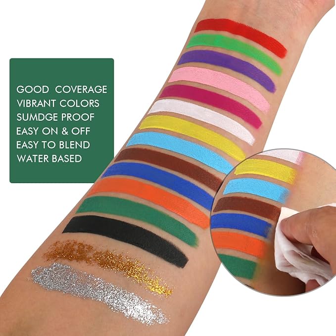 Bowitzki Face Paint Kit with 13 Colors, 12 Stencils, 2 Glitters, 2 Sponges, 2 Brushes, 1 Sheet Gems, Water Based Face Painting Kit for Kids, Safe Professional Halloween Party Makeup Set