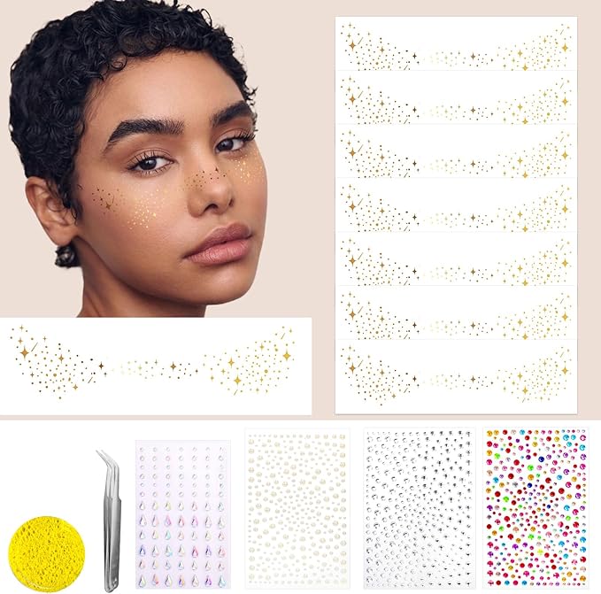 11Sheets Glitter Freckles Face Tattoo - Gold Sparkle Freckles Face Glitter, Cute Makeup Patches, Makeup Accessories for Women (TS)