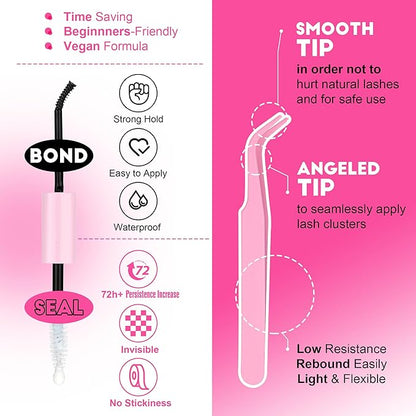 Pawotence Lash Extension Kit DIY Individual Lash Clusters Eyelash Extension Kit 9-16mm Lash Clusters Colored with Lash Bond and Seal, Lash Tweezers for Self Application (40D, 9-16mm, Color Kit)