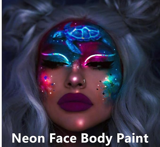 Go Ho UV Blacklight Neon Blue Face Body Paint,Water Based Bright Color Neon Fluorescent Body Paint with Cushion Applicator,Glow In The Dark Under UV Light Party Halloween Makeup Washable