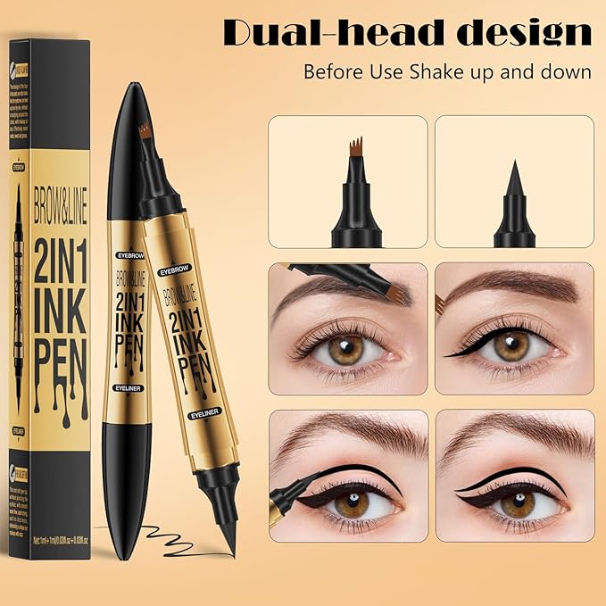 2 in 1 Magic Eyebrow Pencil, 3D Microblading Eyebrow Tattoo Pencil with Eyeliner, Double Head Waterproof Makeup Tools (Light Brown)