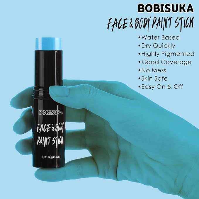 BOBISUKA Light Blue Face Body Paint Stick Blue Eye Black Sticks for Sports Water Based Face Painting Kit Quick Drying Foundation Makeup for Halloween Avatar Corpse Bride Smurf Cosplay SFX Costume Part