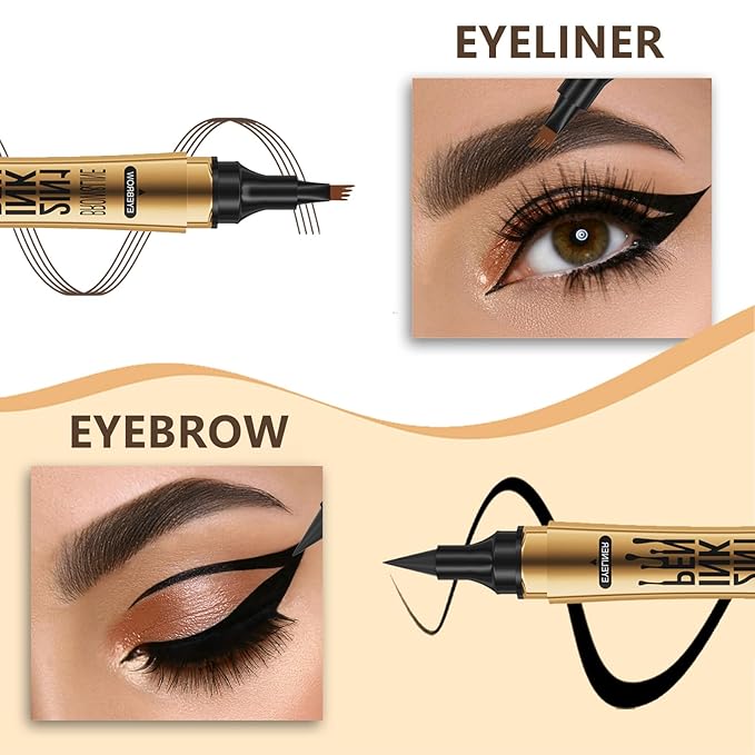 Microblading Eyebrow Pen,2-in-1 Eyebrow Tattoo Pencil 4 Fork Tip with Eyeliner,Multifunction Double Head Waterproof Eyebrow Pencil Create Natural Looking Brows (Dark Brown)