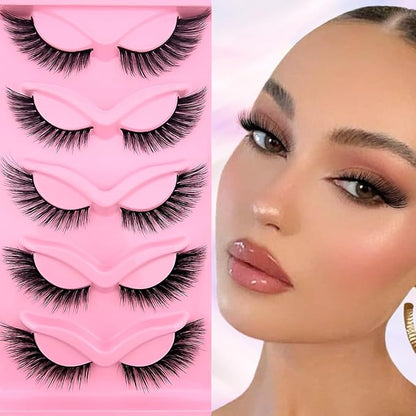 Fox Eye Lashes Wispy Eyelashes 18mm Cat-Eye Lashes Angel Wing Lashes Faux Mink False Eyelashes Natural Look 5 Pairs pack(XF05), black