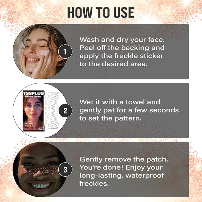 Glitter Freckles Face Tattoo - 6PCS Rose Gold Glitter Freckle Tattoos for Women, Sparkle Freckles for Face, Fake Freckles Glitter Makeup, Freckle Stickers for Face & Body (Rose Gold)