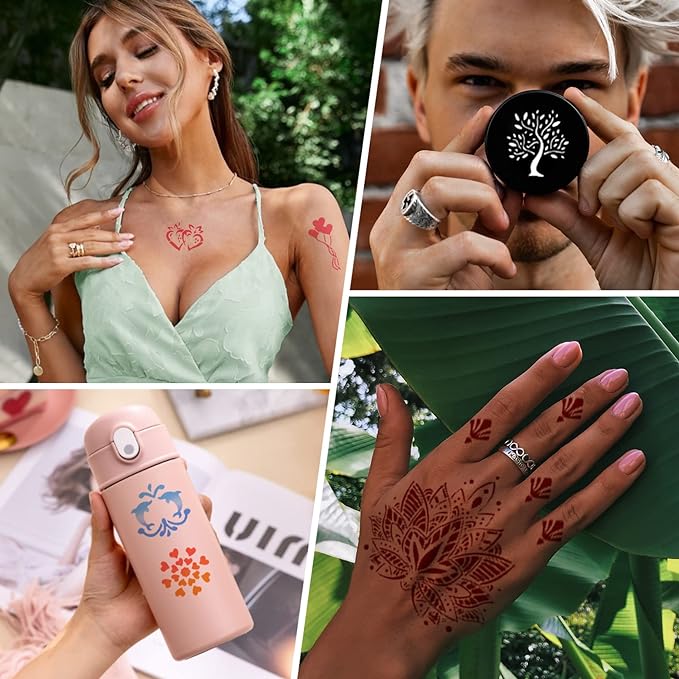 Temporary Tattoo Stencils for Women Girls and Kids, 410+ PCS Henna Tattoo Stencil Kit,Temporary Indian Arabian Glitter Airbrush Tattoo Stencils for Face Body Paint DIY