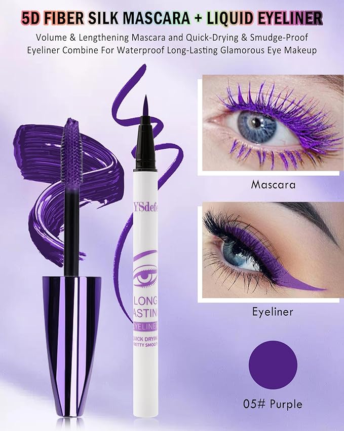 Purple Mascara & Liquid Eyeliner Set,5D Waterproof Silk Fiber Colored Mascara Volume and Length,Longlasting Smudgeproof Color Eye Liner Pen,Mother's Day Colorful Eye Makeup Gift Kit for Women Girl-05