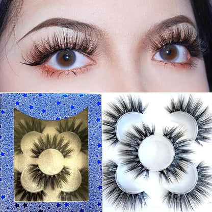 Sunniess False Eyelashes 8D Faux Mink Lashes 100% Handmade Reusable Natural Look Fake Eye lashes Cat-Eye Fluffy Wispy Lashes Dramatic Long Thick Volume Soft Lashes Packs