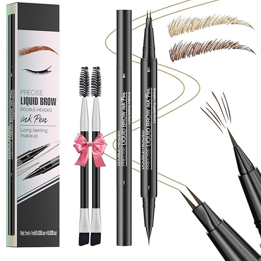 Eyebrow Pencil Brow Pen - 2-Pack 2-IN-1 Dual-Ended Eye Brow Pencils 2-Fork-Tip Microblading Eyebrow Pen for Women Waterproof Eyebrow Pen with Brow Brushes Light Brown ＆ Brown