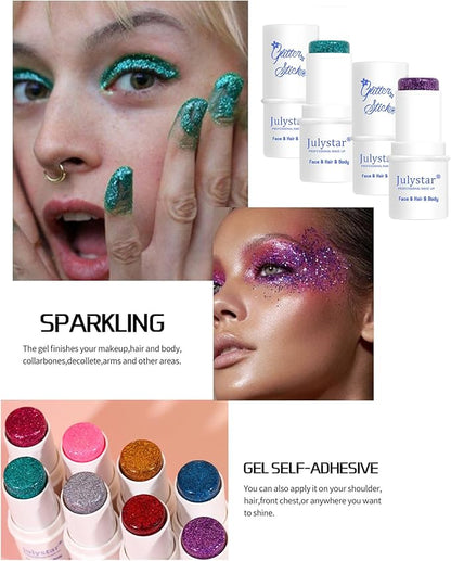 Body Glitter Stick, 4 PCS, Sparkling Holographic Mermaid Paint Sequins Shimmer Eyeshadow, Mermaid Holographic Glitter Gel, Waterproof Chunky Makeup Multiuse Glitter for Face Hair Nails, 034