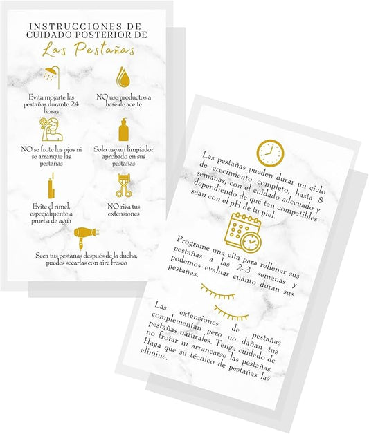 Spanish Lash Aftercare Instructions | 50pk | Cuidado Posterior de la Extensión de Pestañas | 2 x 3.5” inch Card for clients | Eyelash Extension Supplies marble gold beautiful, 2-3 week refills fillers