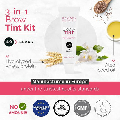 RB RENATA BEAUTY Brow Tint Kit – Eyebrow Dye Set – Dye Kit with Color Tint, Cream Developer and Styling Brush – Long-Lasting Effect Up to 4 Weeks – 30 Applications [Black]