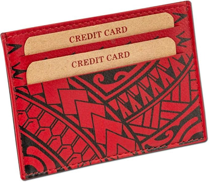 Polynesian Tattoo Leather Credit Card Holder Super Slim Wallet "Hiku" with Tribal Tattoo art by Eugene Ta’ase (Red) from NAKOA